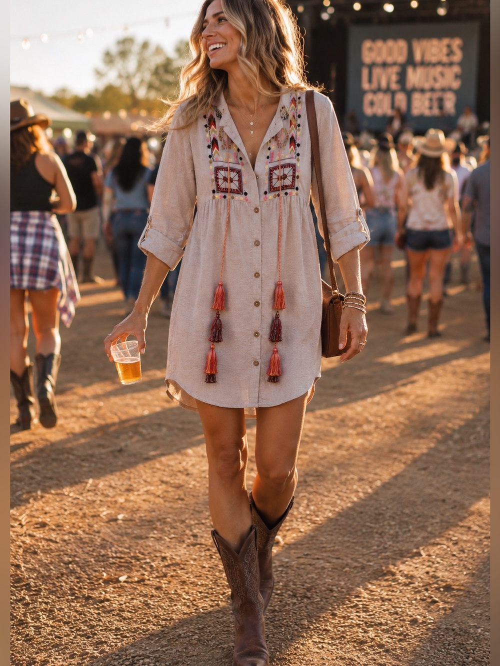 Umgee Sz S Oversized Cotton Boho Embroidered Shirt Dress Tassels Roll Sleeves